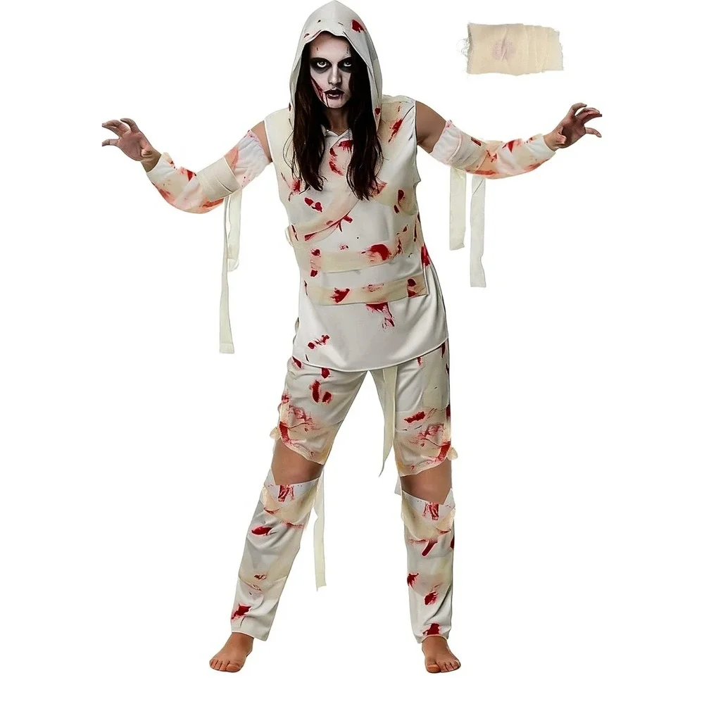 Mepase 4 Pcs Halloween Mummy Costume Bloody Creepy Cosplay Party White Large